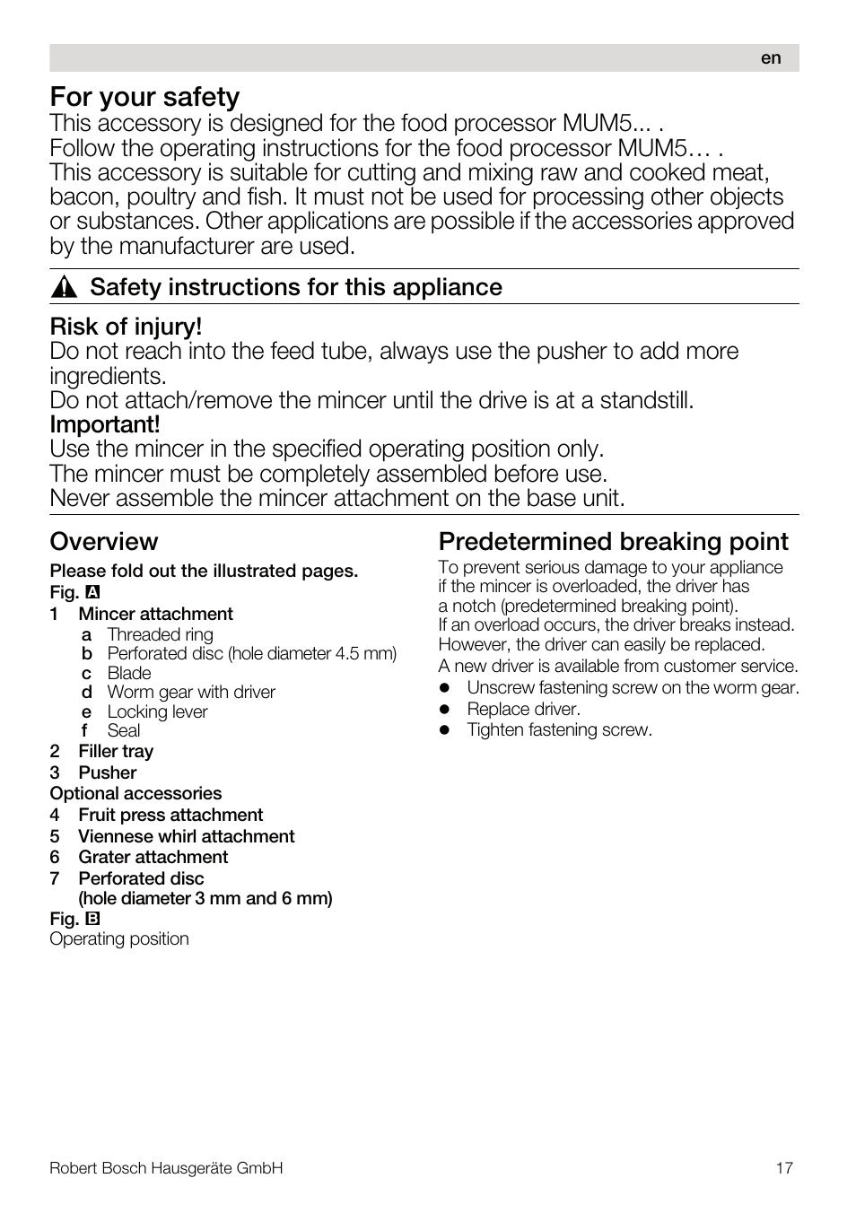 For your safety, Overview, Predetermined breaking point | Bosch MUM56Z40 KITCHEN MACHINE 900W SILVERSILVER Styline Couleur argent argent User Manual | Page 17 / 41