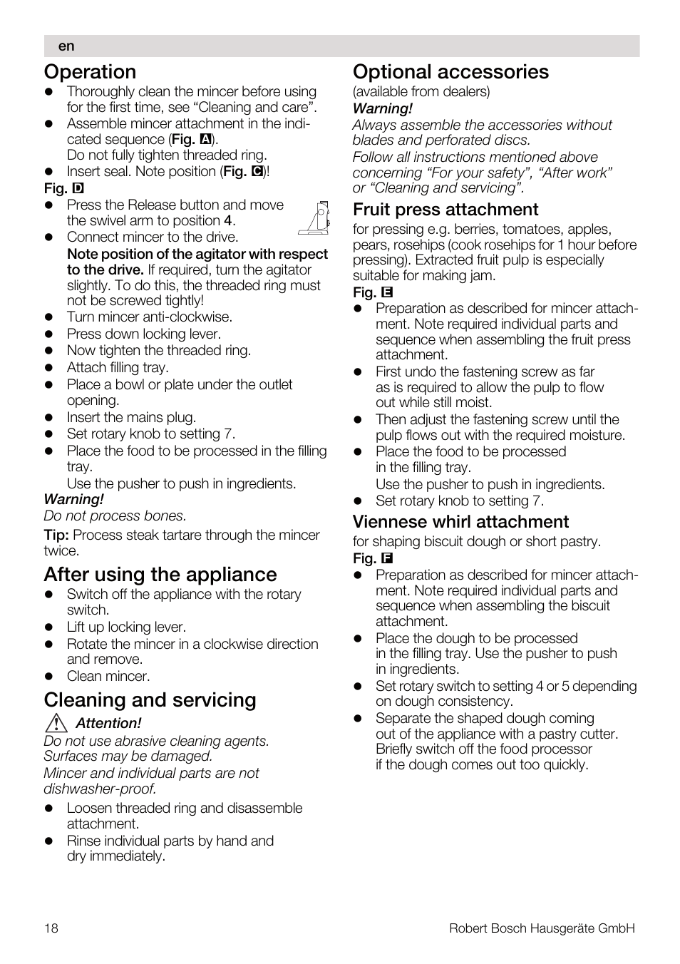 Operation, After using the appliance, Cleaning and servicing | Optional accessories, Fruit press attachment, Viennese whirl attachment | Bosch MUM56Z40 KITCHEN MACHINE 900W SILVERSILVER Styline Couleur argent argent User Manual | Page 18 / 41