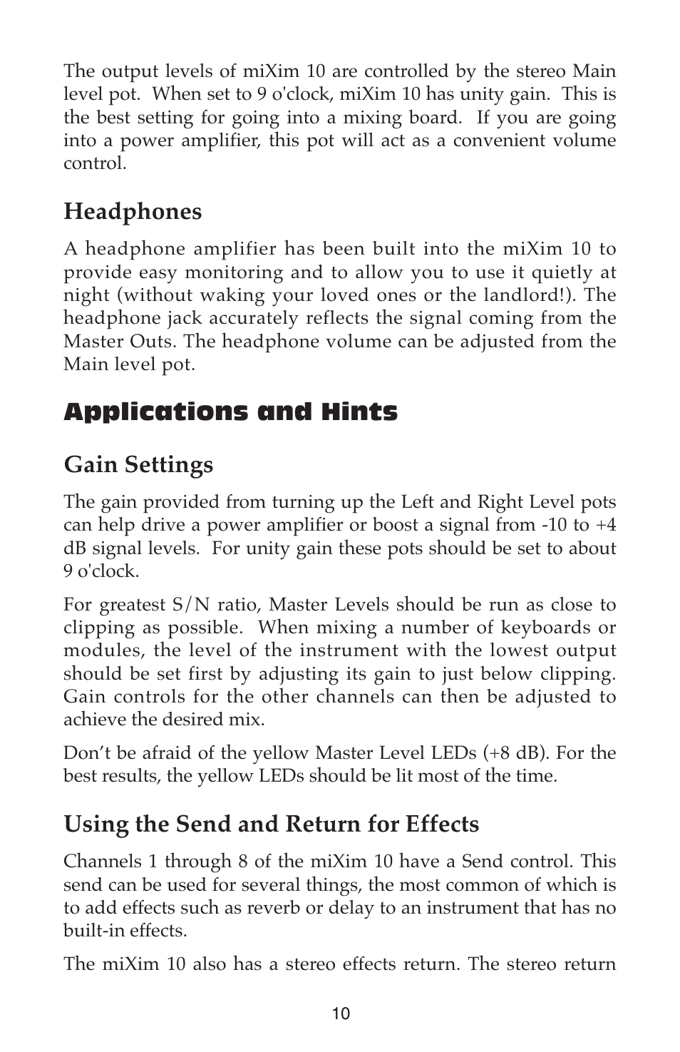 Headphones, Applications and hints gain settings, Using the send and return for effects | M-AUDIO Mixim 10 User Manual | Page 10 / 12