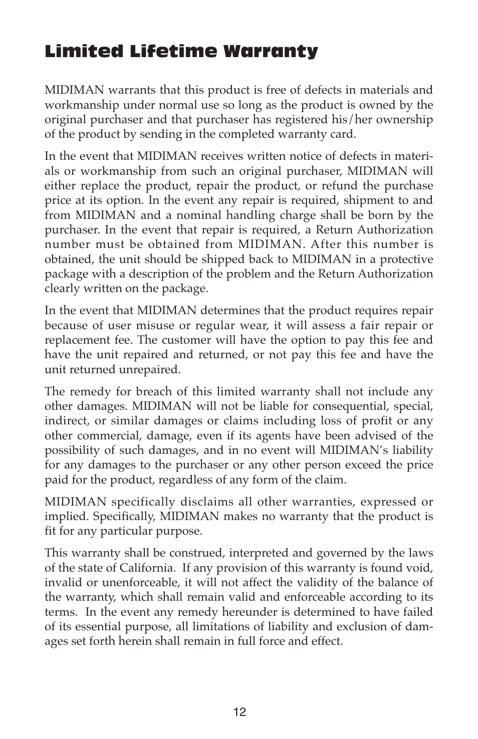 Limited lifetime warranty | M-AUDIO Mixim 10 User Manual | Page 12 / 12