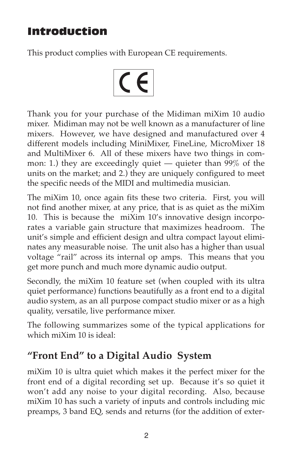 Introduction, Front end” to a digital audio system | M-AUDIO Mixim 10 User Manual | Page 2 / 12