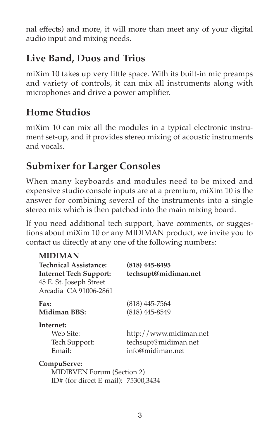 Live band, duos and trios, Home studios, Submixer for larger consoles | M-AUDIO Mixim 10 User Manual | Page 3 / 12