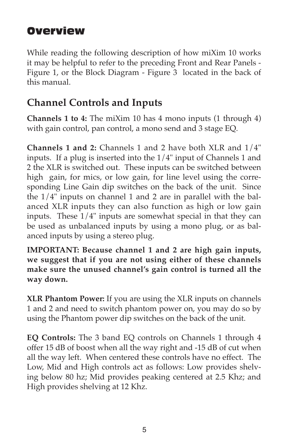 Overview, Channel controls and inputs | M-AUDIO Mixim 10 User Manual | Page 5 / 12