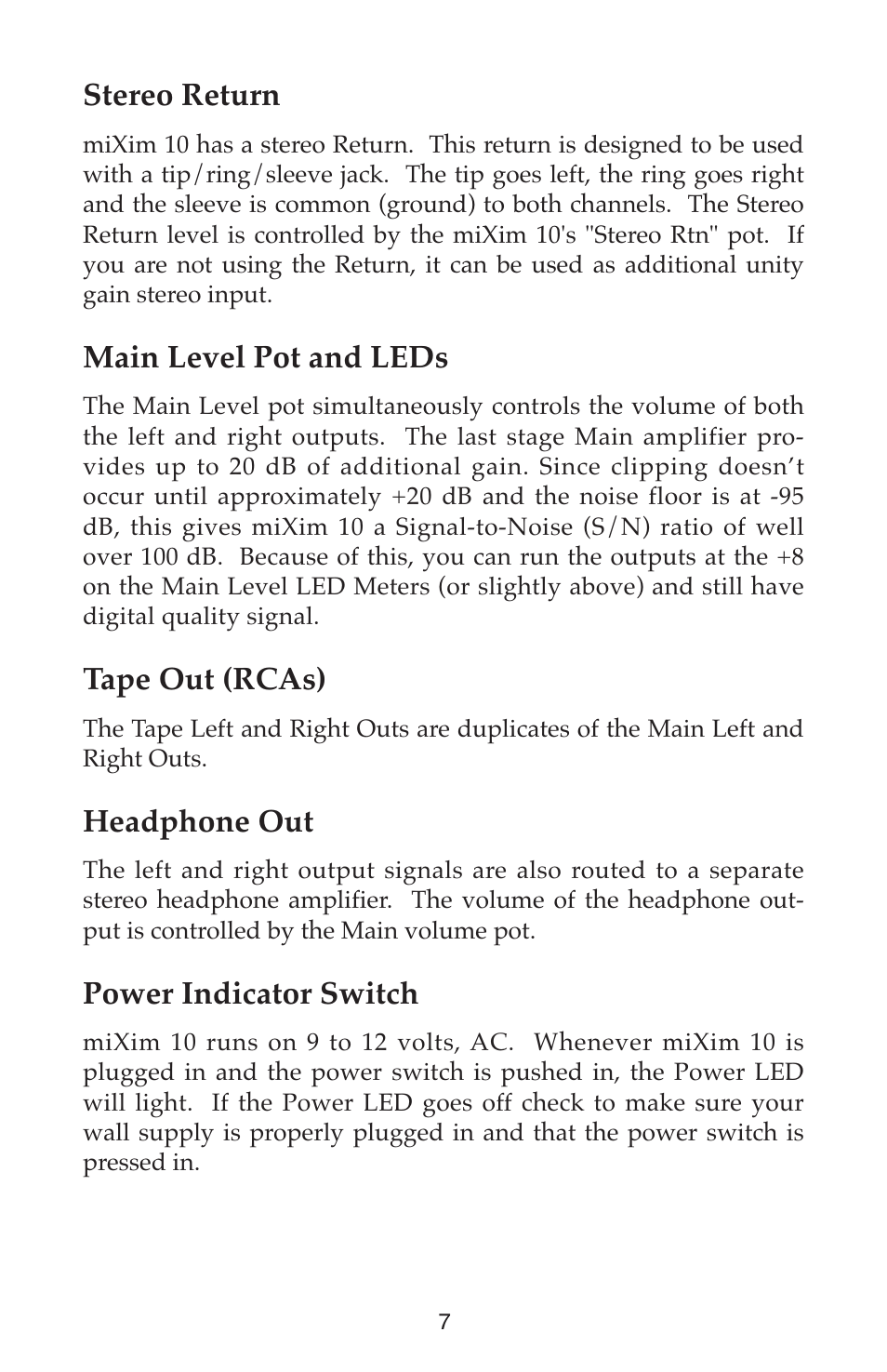 Stereo return, Main level pot and leds, Tape out (rcas) | Headphone out, Power indicator switch | M-AUDIO Mixim 10 User Manual | Page 7 / 12