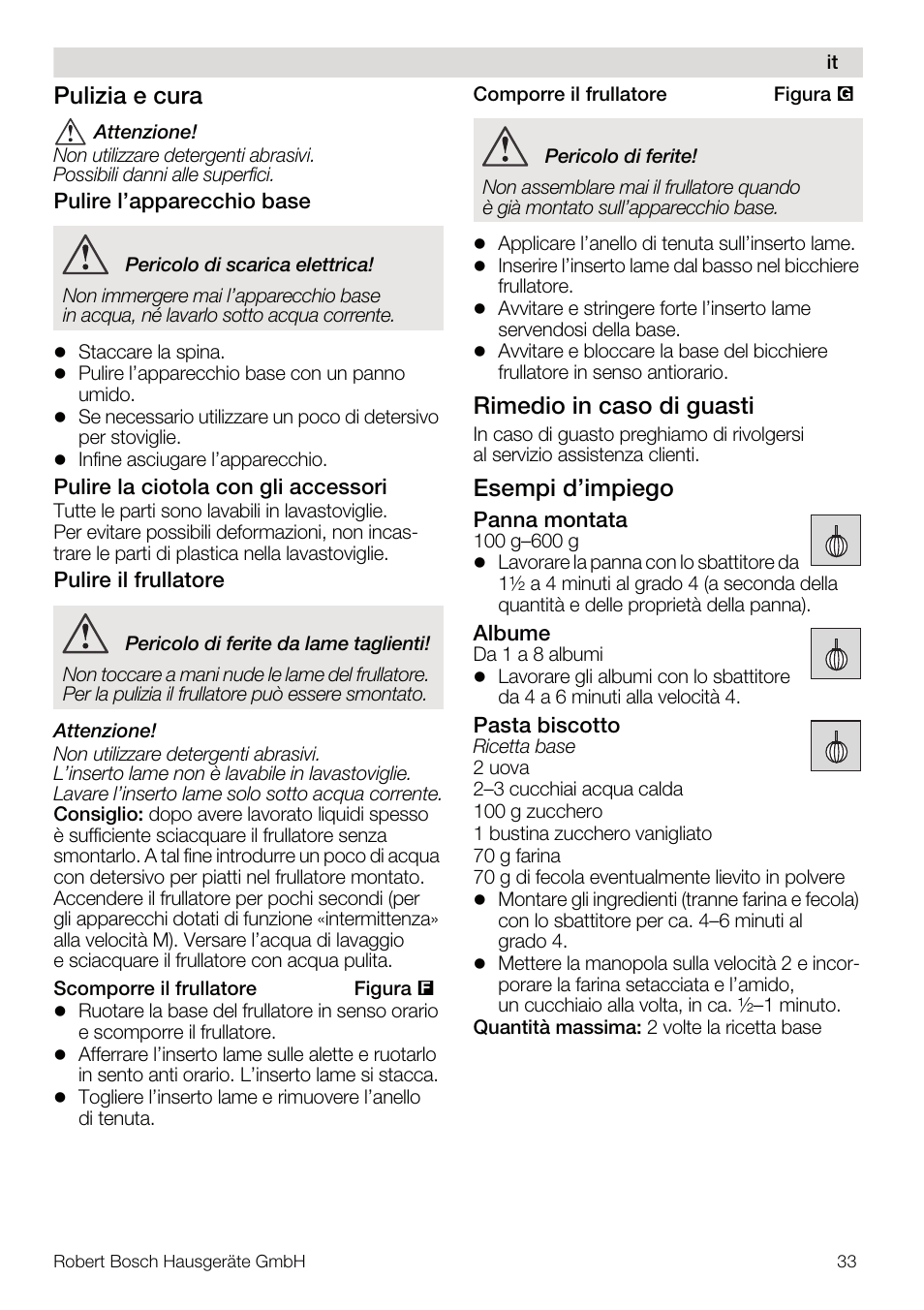 Pulizia e cura, Rimedio in caso di guasti, Esempi d’impiego | Bosch MUM4640 ROBOT BLANC ROSE 550W BLENDER BOL PLASTI User Manual | Page 33 / 174