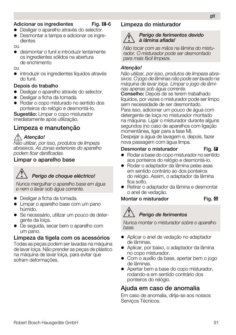 Limpeza e manutenção, Ajuda em caso de anomalia | Bosch MUM4640 ROBOT BLANC ROSE 550W BLENDER BOL PLASTI User Manual | Page 91 / 174