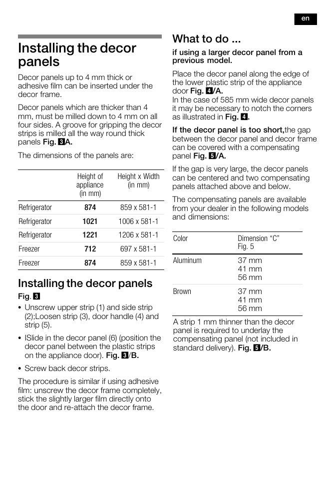 Installing the decor panels, What to do | Bosch KFL24A51FF User Manual | Page 11 / 68