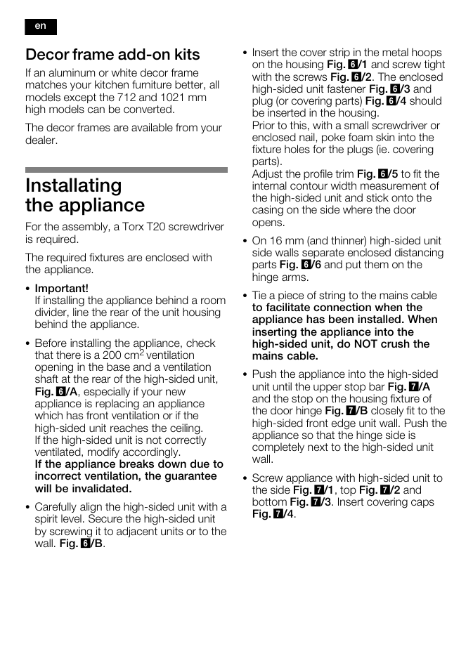 Installating the appliance, Decor frame addćon kits | Bosch KFL24A51FF User Manual | Page 12 / 68