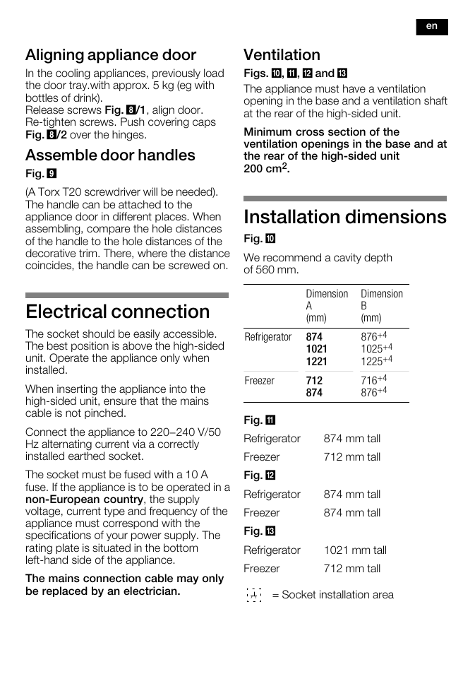 Electrical connection, Installation dimensions, Aligning appliance door | Assemble door handles, Ventilation | Bosch KFL24A51FF User Manual | Page 13 / 68