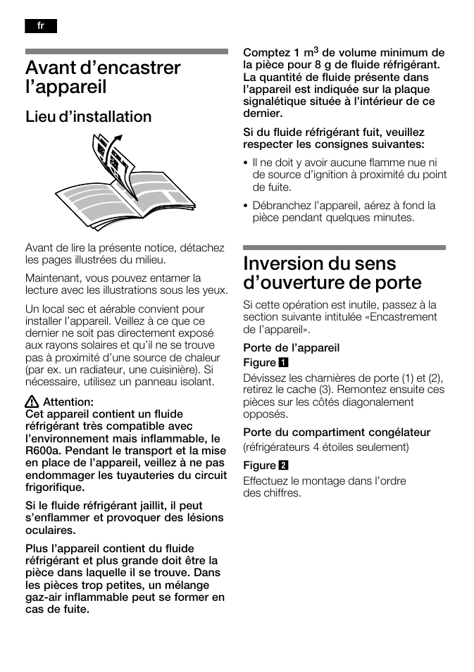 Avant d'encastrer l'appareil, Inversion du sens d'ouverture de porte, Lieu d'installation | Bosch KFL24A51FF User Manual | Page 14 / 68