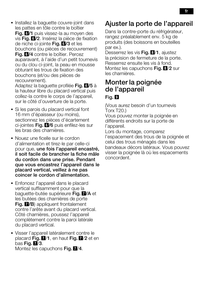 Ajuster la porte de l'appareil, Monter la poignée de l'appareil | Bosch KFL24A51FF User Manual | Page 17 / 68