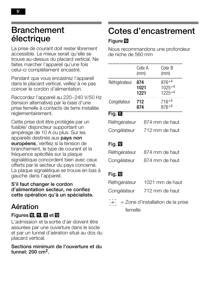 Branchement électrique, Cotes d'encastrement, Aération | Bosch KFL24A51FF User Manual | Page 18 / 68