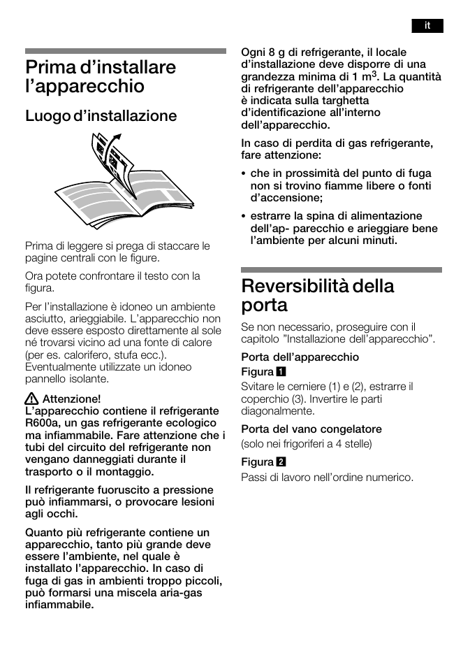Prima d'installare l'apparecchio, Reversibilità della porta, Luogo d'installazione | Bosch KFL24A51FF User Manual | Page 19 / 68