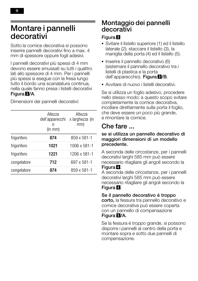 Montare i pannelli decorativi, Montaggio dei pannelli decorativi, Che fare | Bosch KFL24A51FF User Manual | Page 20 / 68