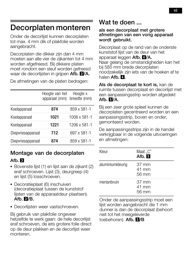 Decorplaten monteren, Wat te doen, Montage van de decorplaten | Bosch KFL24A51FF User Manual | Page 25 / 68