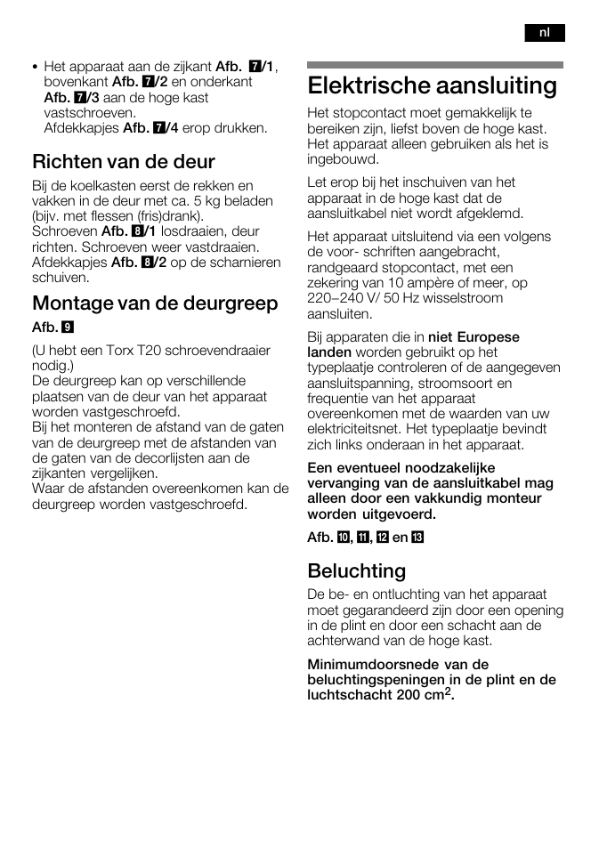 Elektrische aansluiting, Richten van de deur, Montage van de deurgreep | Beluchting | Bosch KFL24A51FF User Manual | Page 27 / 68