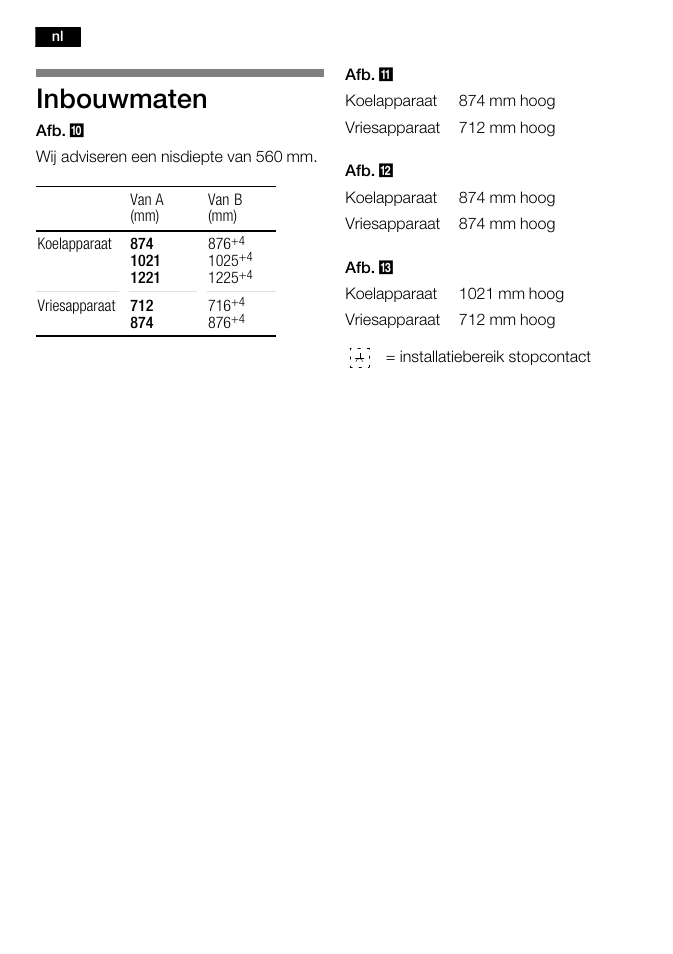 Inbouwmaten | Bosch KFL24A51FF User Manual | Page 28 / 68