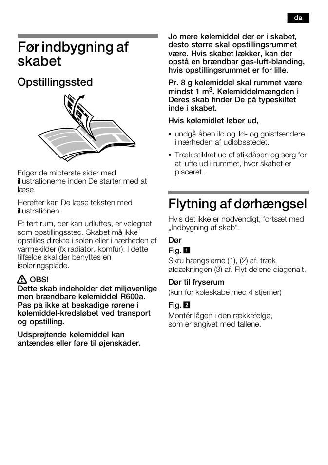 Før indbygning af skabet, Flytning af dørhængsel, Opstillingssted | Bosch KFL24A51FF User Manual | Page 29 / 68