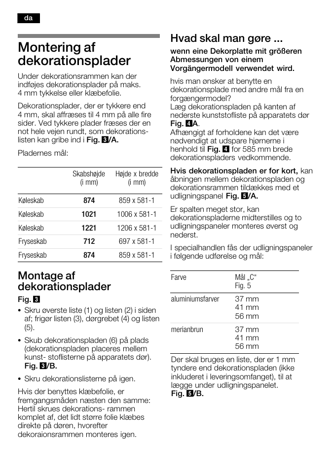 Montering af dekorationsplader, Montage af dekorationsplader, Hvad skal man gøre | Bosch KFL24A51FF User Manual | Page 30 / 68