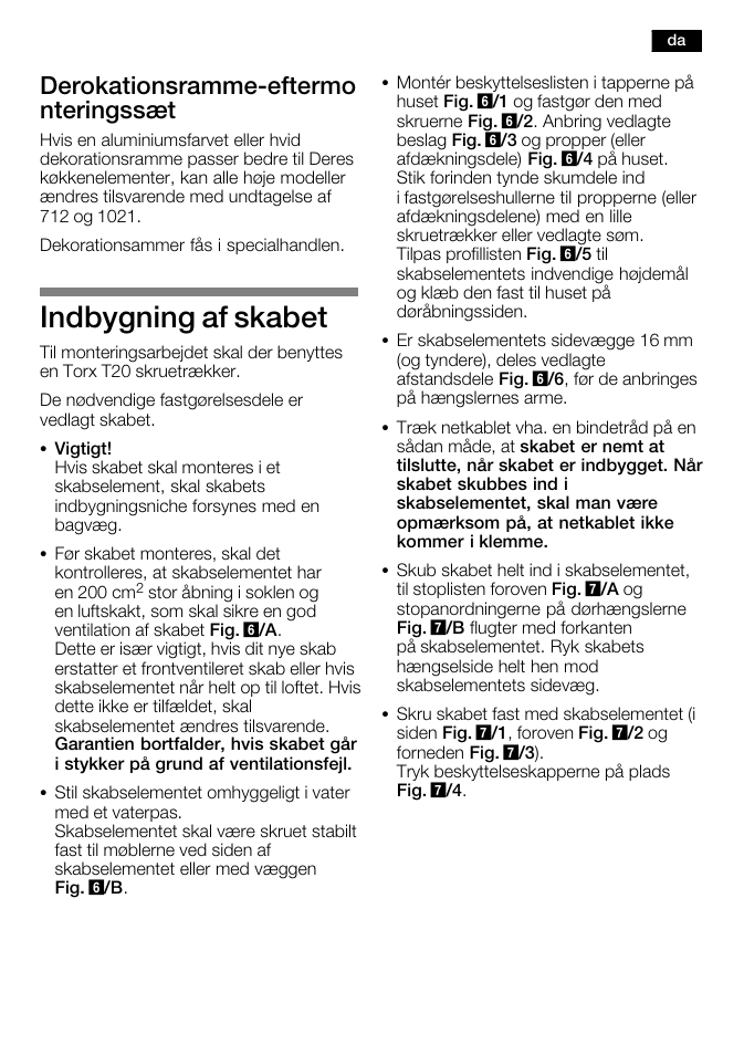 Indbygning af skabet, Derokationsrammećeftermo nteringssæt | Bosch KFL24A51FF User Manual | Page 31 / 68