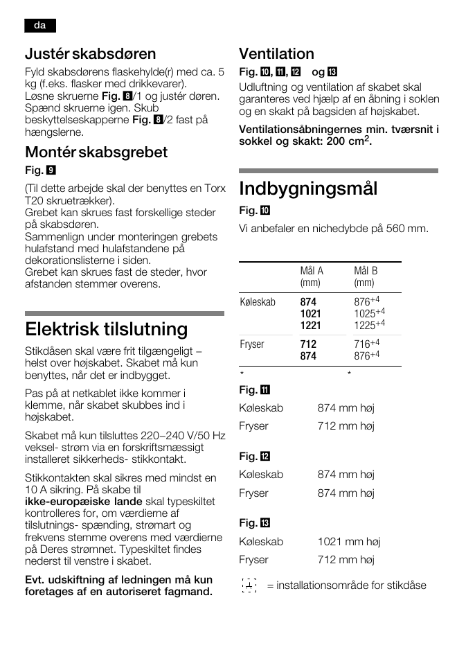 Elektrisk tilslutning, Indbygningsmål, Justér skabsdøren | Montér skabsgrebet, Ventilation | Bosch KFL24A51FF User Manual | Page 32 / 68