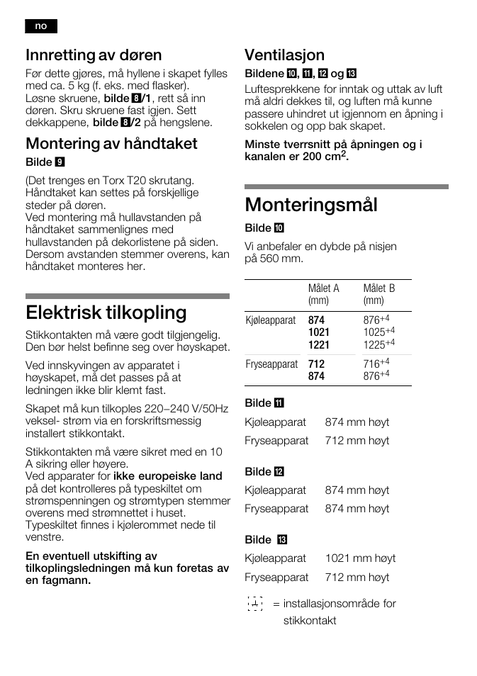 Elektrisk tilkopling, Monteringsmål, Innretting av døren | Montering av håndtaket, Ventilasjon | Bosch KFL24A51FF User Manual | Page 36 / 68