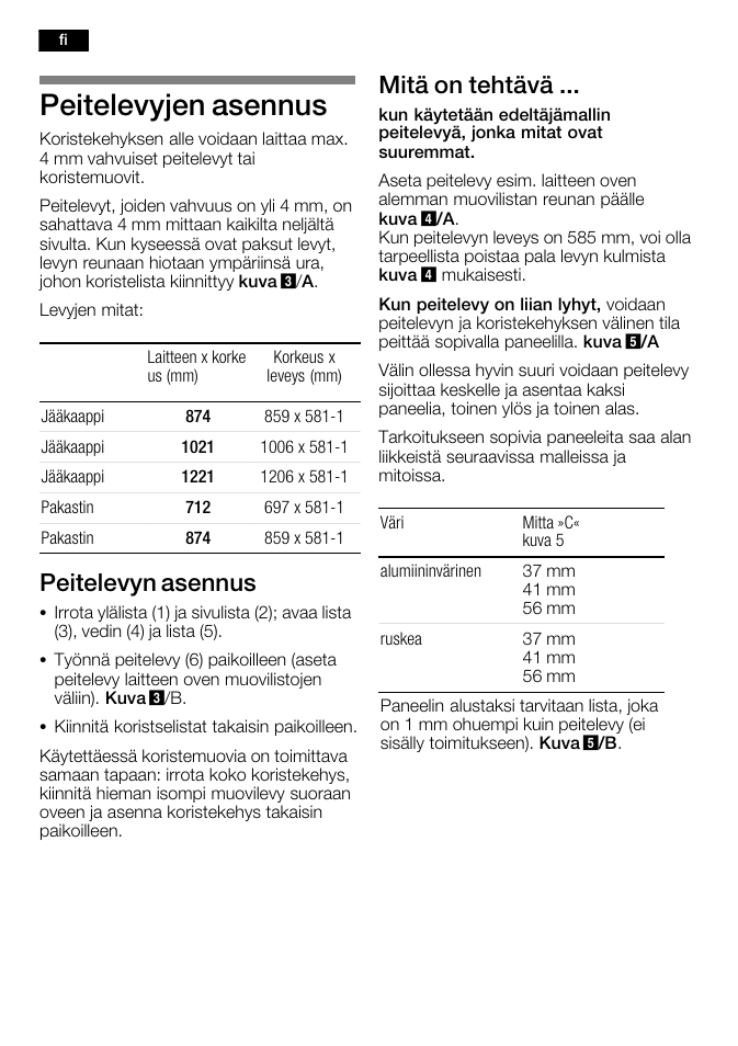 Peitelevyjen asennus, Peitelevyn asennus, Mitä on tehtävä | Bosch KFL24A51FF User Manual | Page 42 / 68