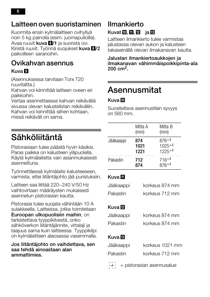 Sähköliitäntä, Asennusmitat, Laitteen oven suoristaminen | Ovikahvan asennus, Ilmankierto | Bosch KFL24A51FF User Manual | Page 44 / 68