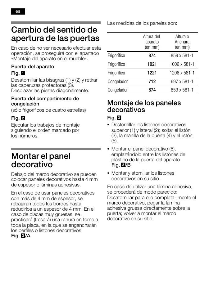 Cambio del sentido de apertura de las puertas, Montar el panel decorativo, Montaje de los paneles decorativos | Bosch KFL24A51FF User Manual | Page 46 / 68
