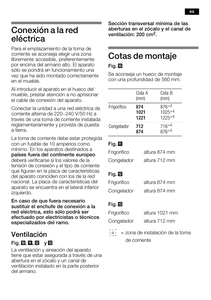 Conexión a la red eléctrica, Cotas de montaje, Ventilación | Bosch KFL24A51FF User Manual | Page 49 / 68
