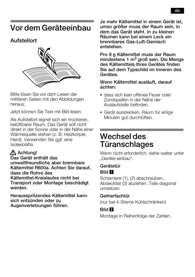 Vor dem geräteeinbau, Wechsel des türanschlages, Aufstellort | Bosch KFL24A51FF User Manual | Page 5 / 68