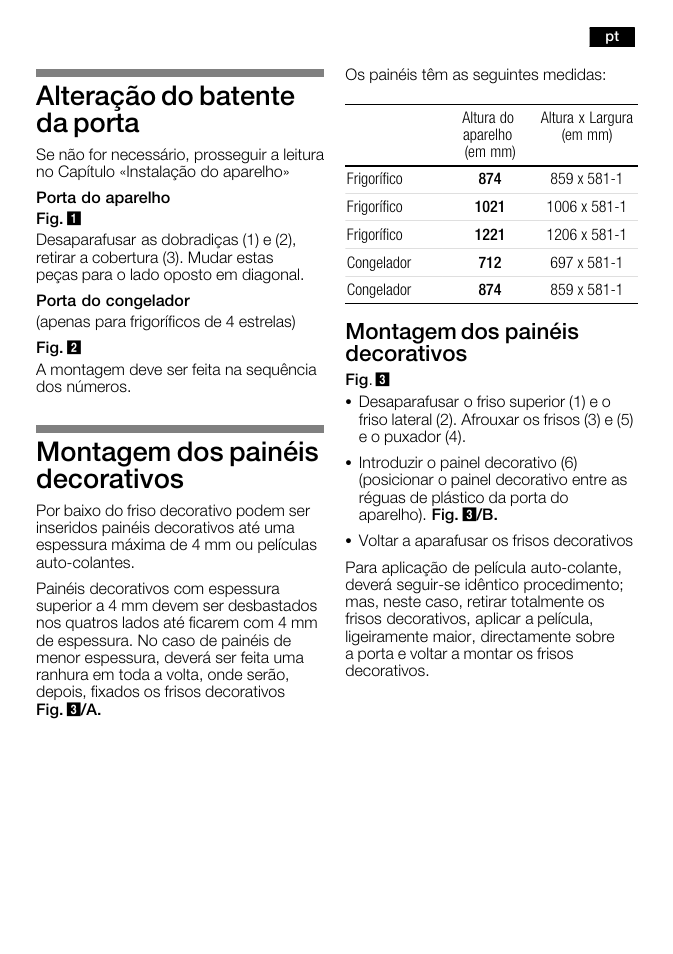 Alteração do batente da porta, Montagem dos painéis decorativos | Bosch KFL24A51FF User Manual | Page 51 / 68
