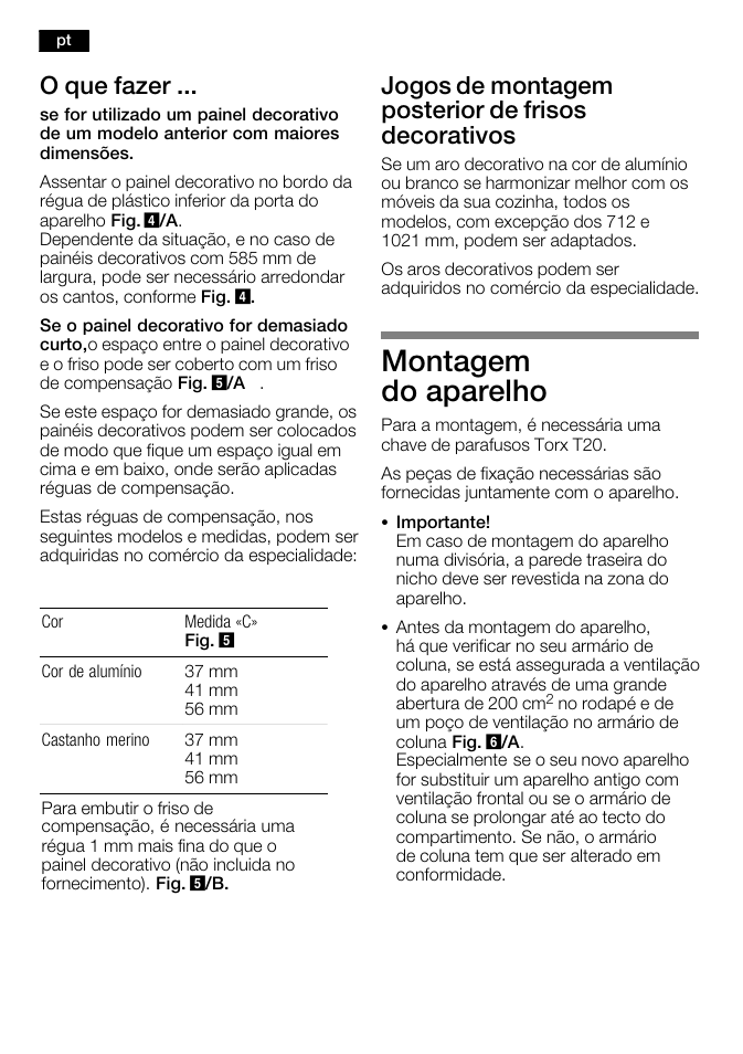 Montagem do aparelho, O que fazer, Jogos de montagem posterior de frisos decorativos | Bosch KFL24A51FF User Manual | Page 52 / 68