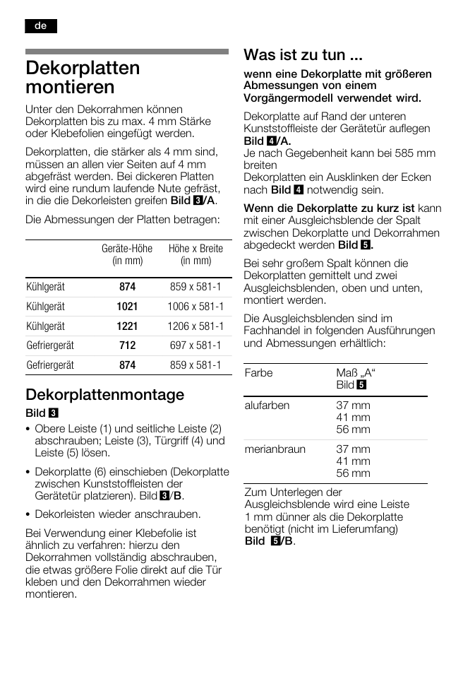 Dekorplatten montieren, Dekorplattenmontage, Was ist zu tun | Bosch KFL24A51FF User Manual | Page 6 / 68