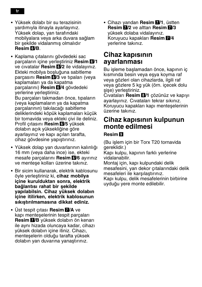 Cihaz kapsnn ayarlanmas, Cihaz kapsnn kulpunun monte edilmesi | Bosch KFL24A51FF User Manual | Page 64 / 68