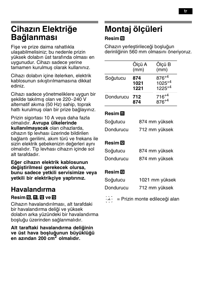 Cihazn elektrie balanmas, Montaj ölçüleri, Havalandrma | Bosch KFL24A51FF User Manual | Page 65 / 68