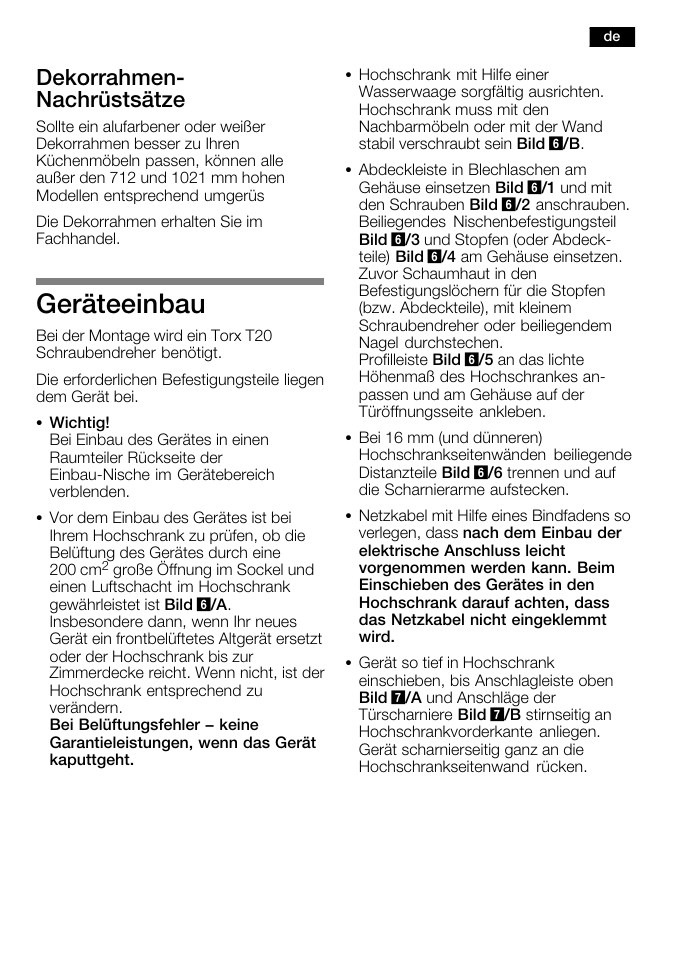 Geräteeinbau, Dekorrahmenć nachrüstsätze | Bosch KFL24A51FF User Manual | Page 7 / 68