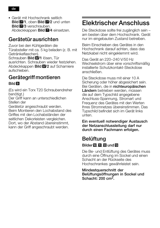 Elektrischer anschluss, Gerätetür ausrichten, Gerätegriff montieren | Belüftung | Bosch KFL24A51FF User Manual | Page 8 / 68