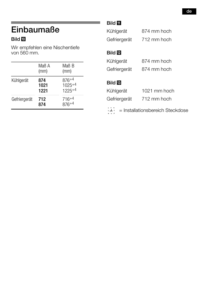 Einbaumaße | Bosch KFL24A51FF User Manual | Page 9 / 68
