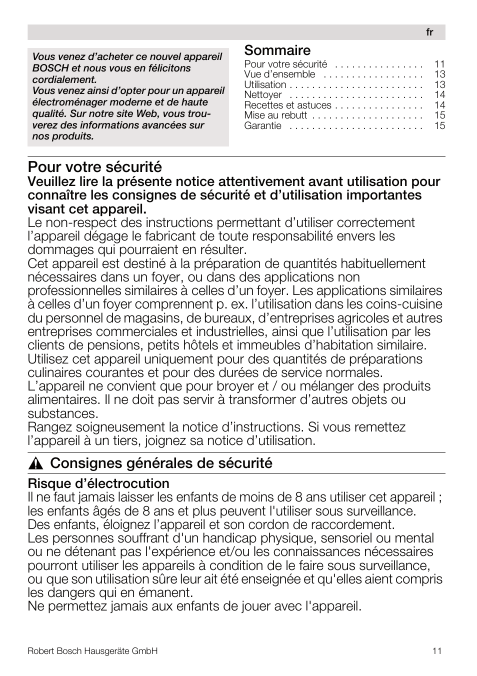 Pour votre sécurité, Consignes générales de sécurité, Sommaire | Bosch MSM67160 Mixeur plongeant noir gris User Manual | Page 11 / 98