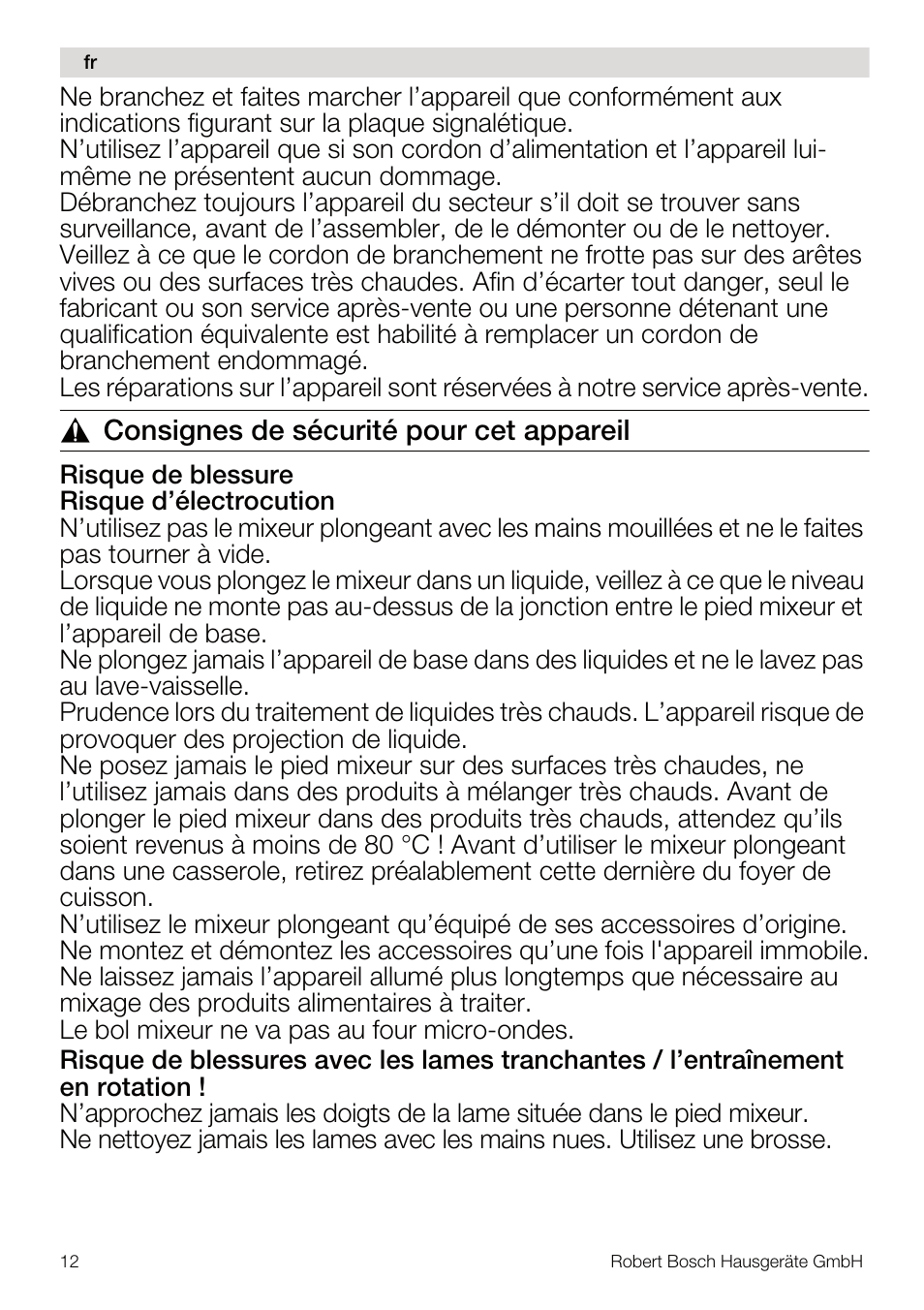 Consignes de sécurité pour cet appareil | Bosch MSM67160 Mixeur plongeant noir gris User Manual | Page 12 / 98