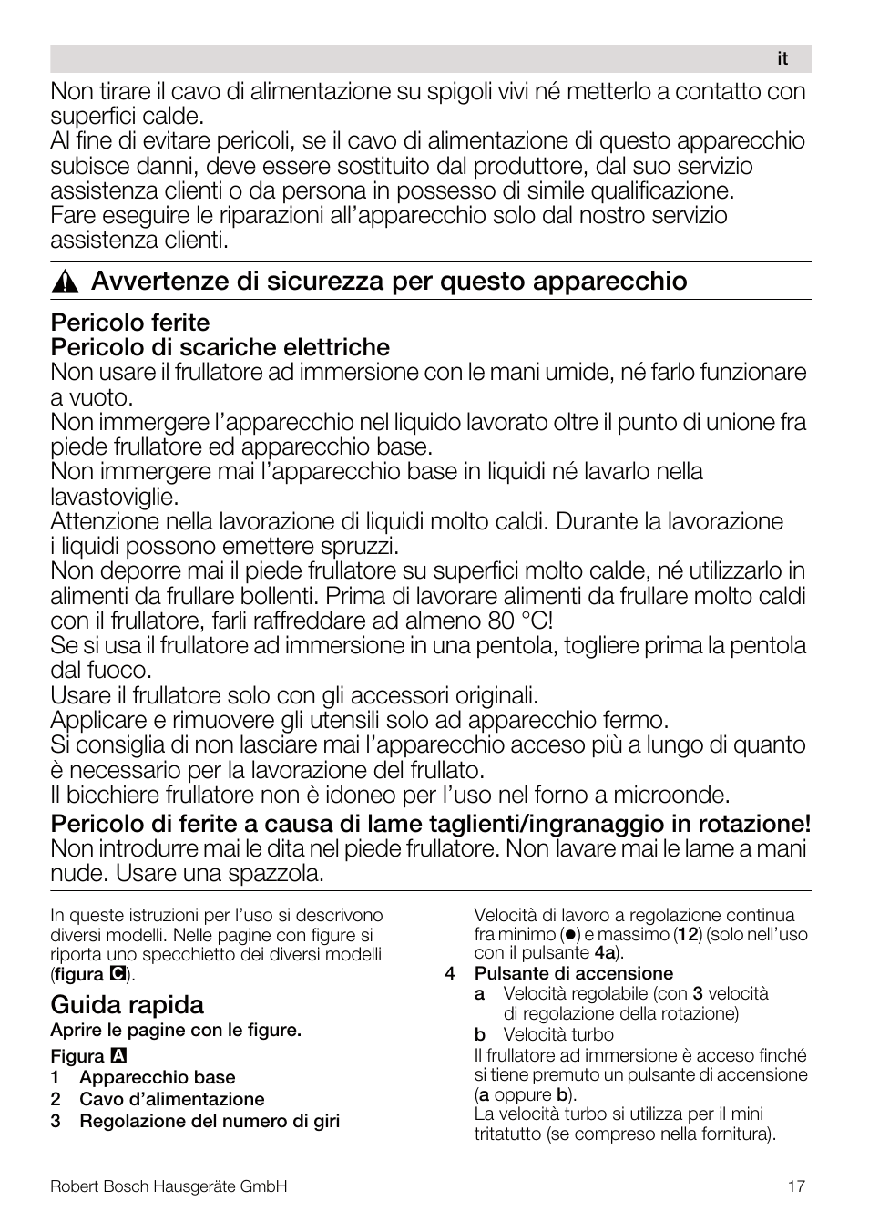 Avvertenze di sicurezza per questo apparecchio, Guida rapida | Bosch MSM67160 Mixeur plongeant noir gris User Manual | Page 17 / 98