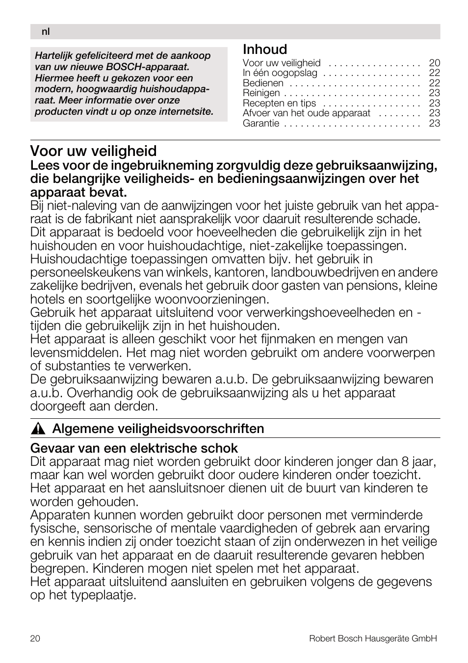 Voor uw veiligheid, Inhoud | Bosch MSM67160 Mixeur plongeant noir gris User Manual | Page 20 / 98