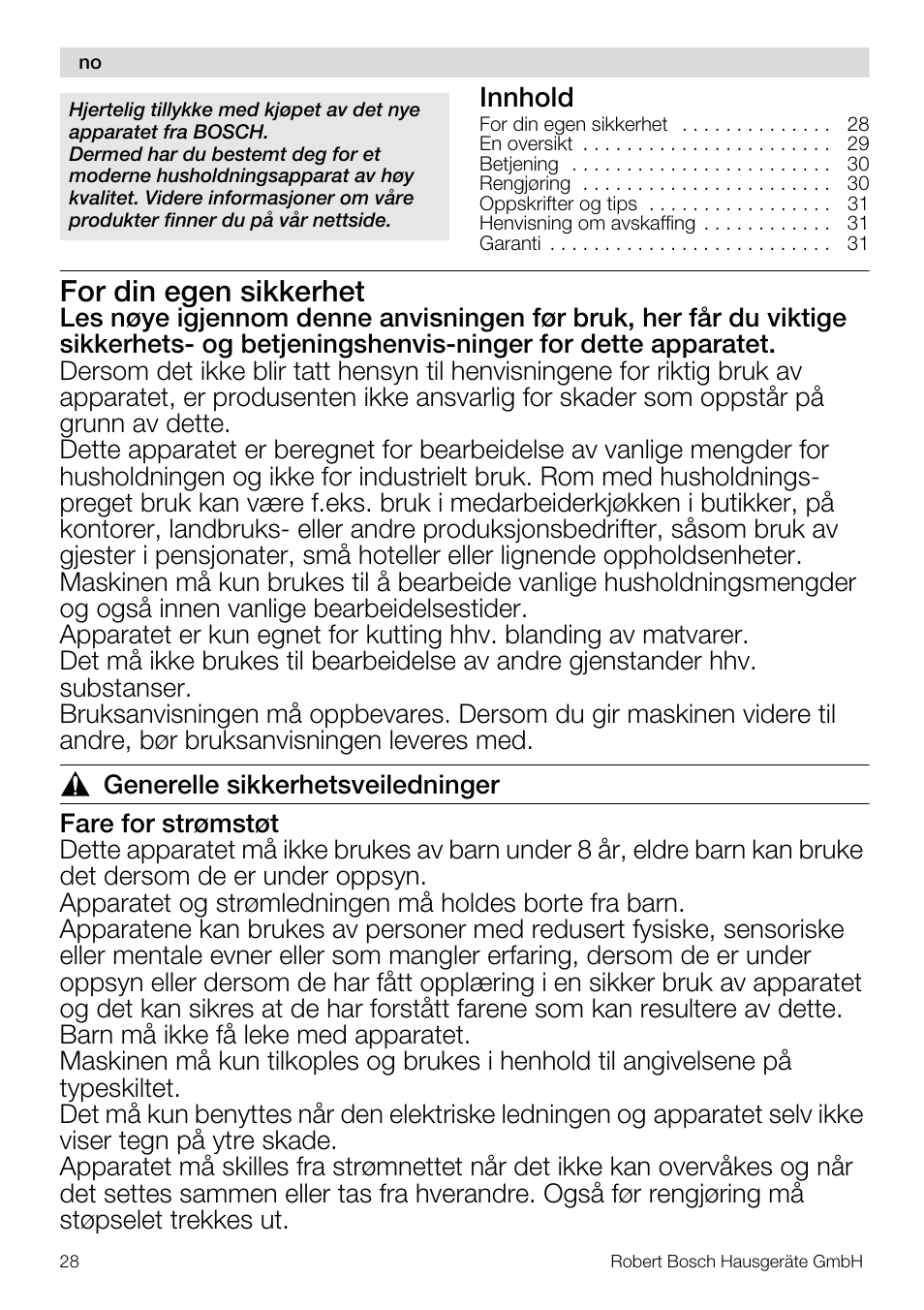 For din egen sikkerhet, Innhold | Bosch MSM67160 Mixeur plongeant noir gris User Manual | Page 28 / 98