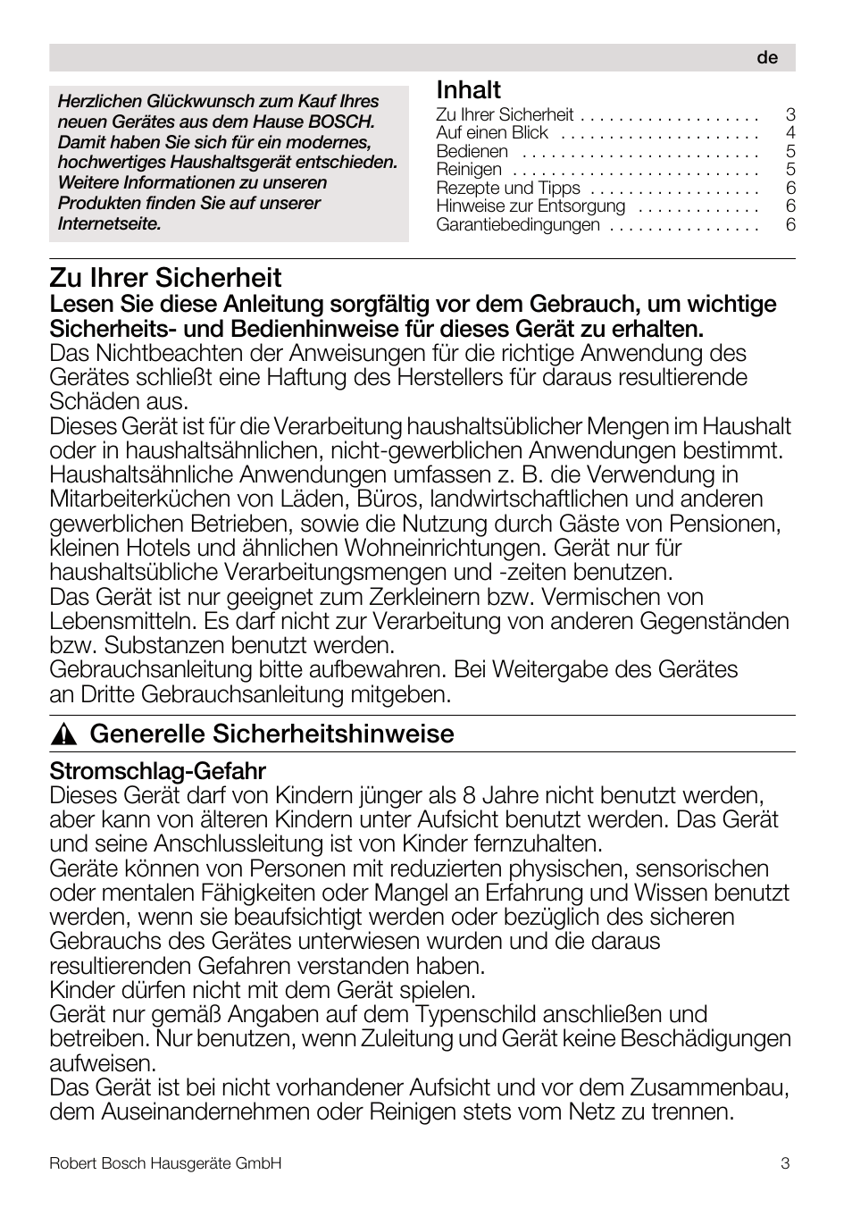 Zu ihrer sicherheit, Generelle sicherheitshinweise, Inhalt | Bosch MSM67160 Mixeur plongeant noir gris User Manual | Page 3 / 98