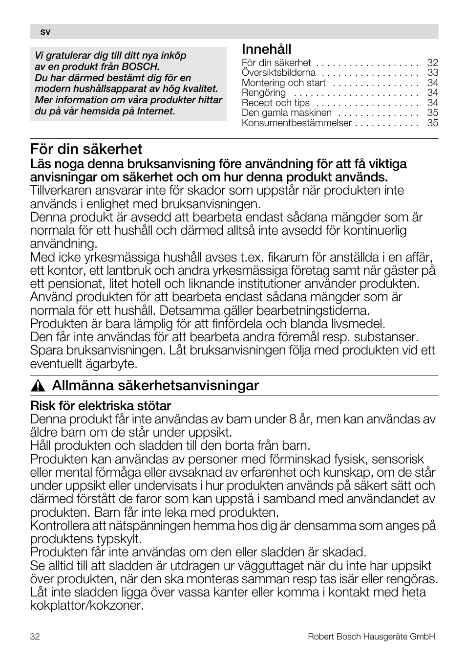 För din säkerhet, Allmänna säkerhetsanvisningar, Innehåll | Bosch MSM67160 Mixeur plongeant noir gris User Manual | Page 32 / 98