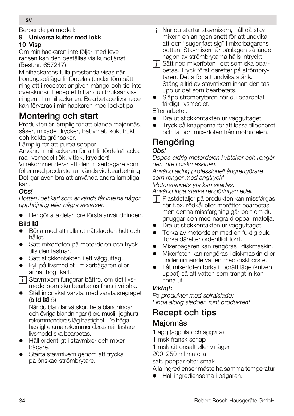 Montering och start, Rengöring, Recept och tips | Majonnäs | Bosch MSM67160 Mixeur plongeant noir gris User Manual | Page 34 / 98