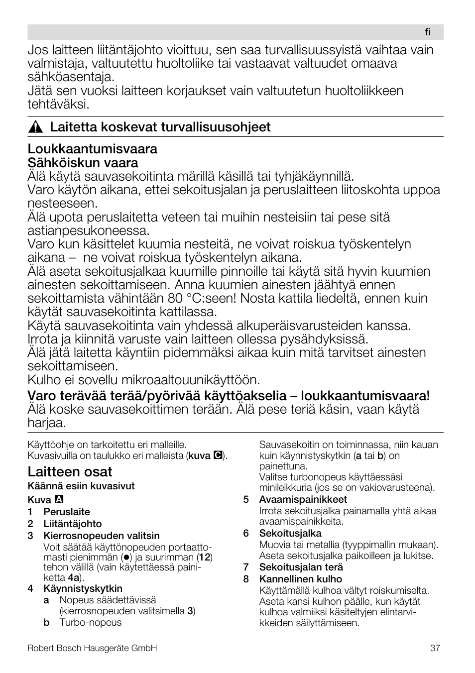 Laitteen osat | Bosch MSM67160 Mixeur plongeant noir gris User Manual | Page 37 / 98