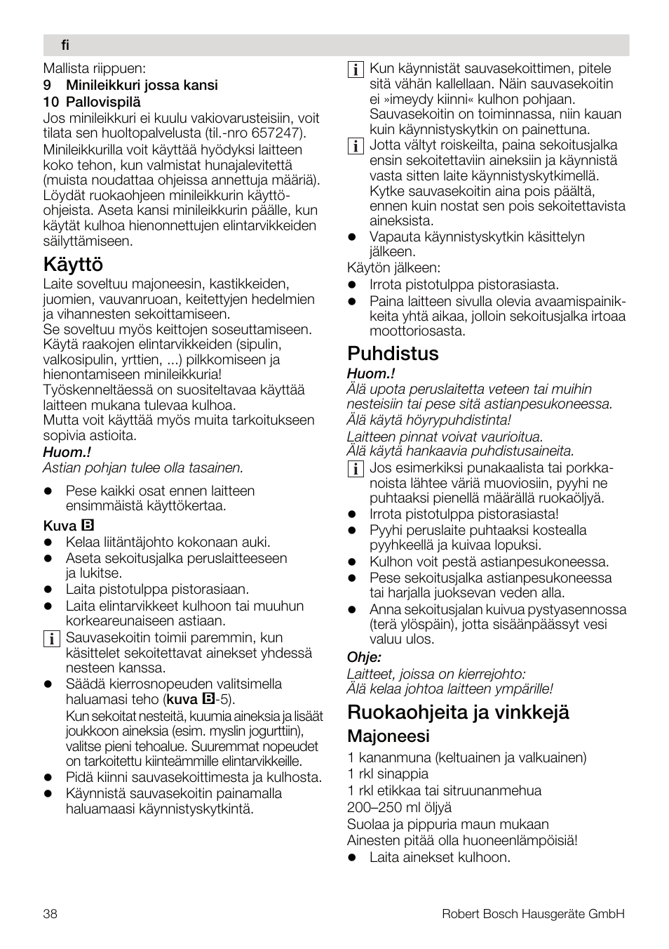 Käyttö, Puhdistus, Ruokaohjeita ja vinkkejä | Majoneesi | Bosch MSM67160 Mixeur plongeant noir gris User Manual | Page 38 / 98