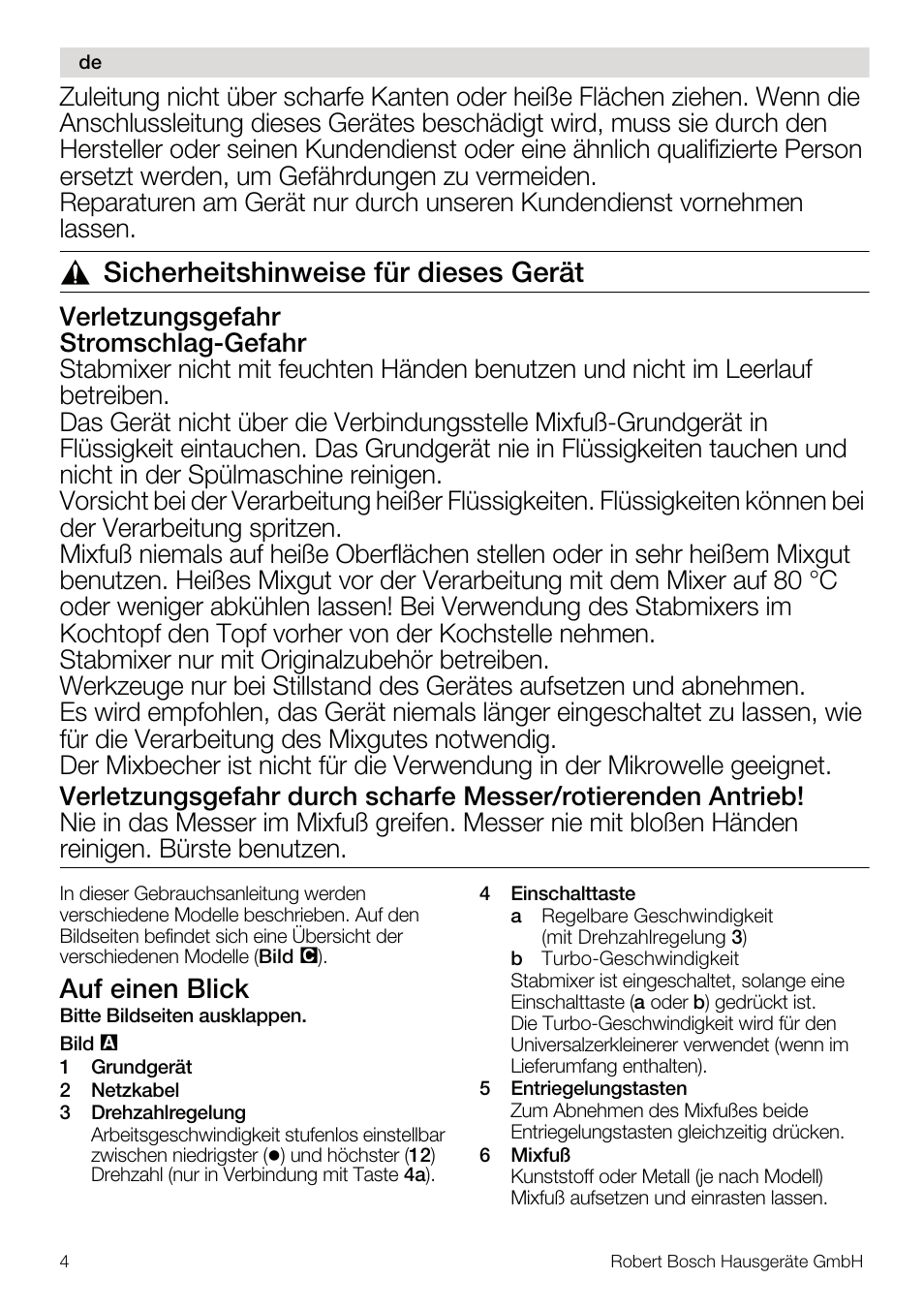 Sicherheitshinweise für dieses gerät, Auf einen blick | Bosch MSM67160 Mixeur plongeant noir gris User Manual | Page 4 / 98